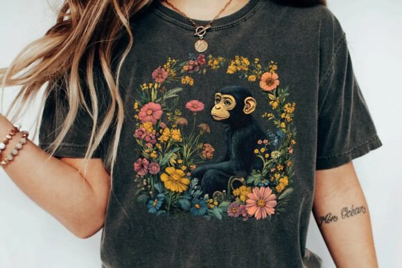 Download Cute Chimpanzee Vintage Floral Wreath Botanical Monkey Sublimation Design Png - Floral Collection